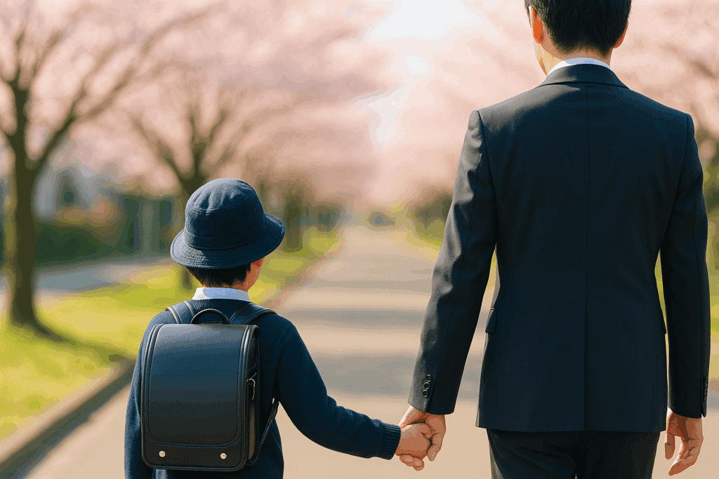 スーツ姿の父親が、小学生の息子と手をつなぎながら桜並木の道を歩いて登校している後ろ姿の写真。子どもはランドセルを背負い、ネイビーの帽子と制服を着ている。背景にはピントがぼけた満開の桜が広がり、春の朝らしい穏やかな雰囲気が漂っている。