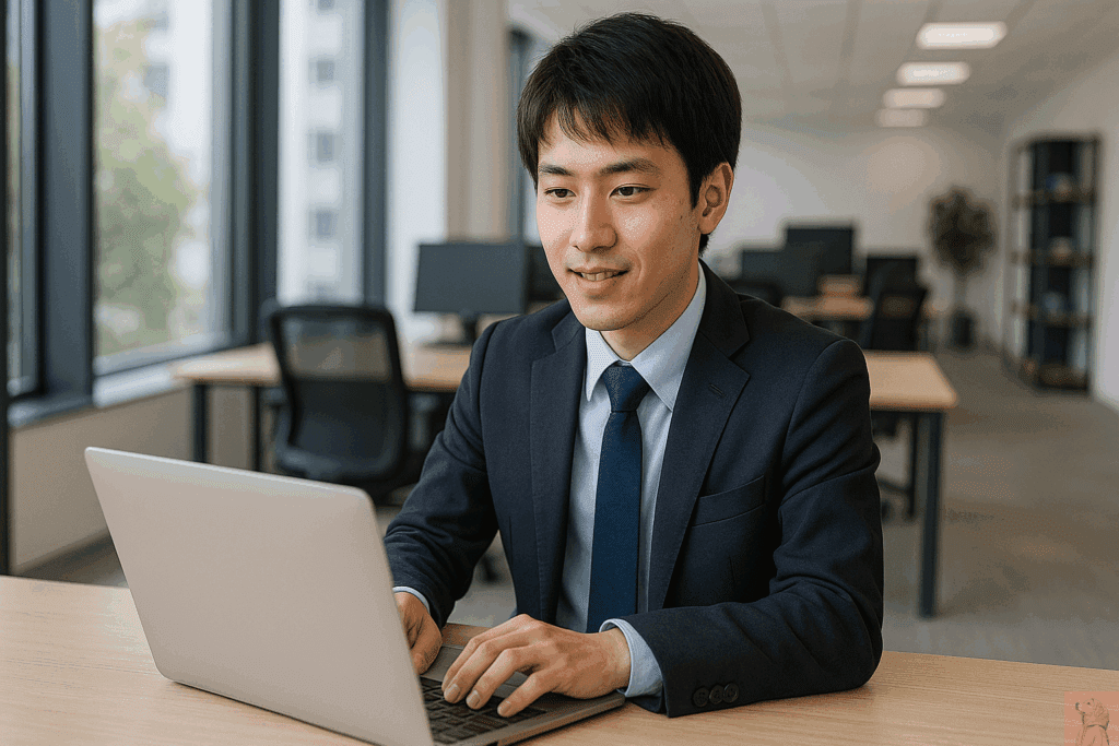 明るいオフィスでスーツ姿の若い日本人男性がノートパソコンに向かって作業している様子。大きな窓から自然光が差し込み、整然としたデスクや椅子が並ぶ静かな職場環境が広がっている。