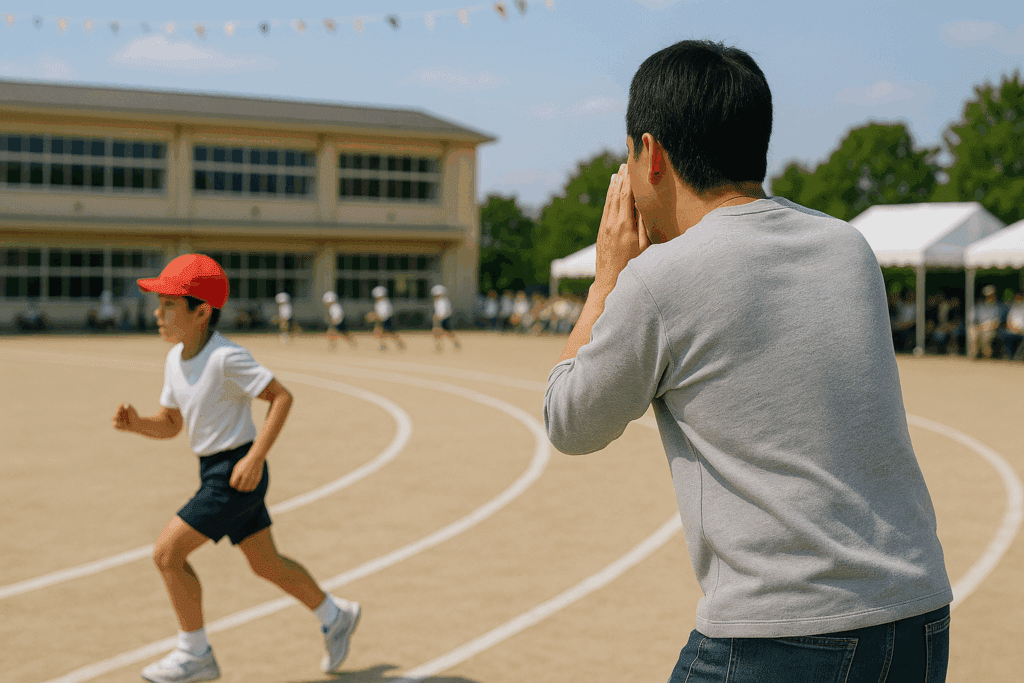 小学校の運動会で、短距離走を走る赤い帽子の男の子を、校庭の外側から後ろ姿の父親が熱心に応援している様子。背景には校舎とテント、カラフルな旗が掲げられており、晴天の下でにぎやかな雰囲気が広がっている。