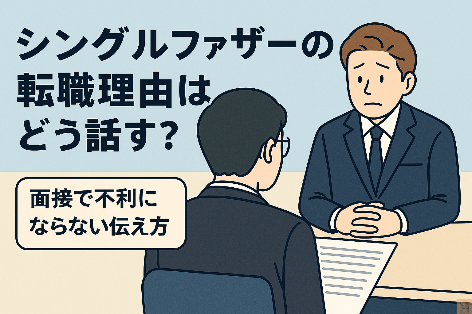 面接官と向き合うスーツ姿のシングルファザーの男性が、転職理由について緊張した表情で話す場面を描いたイラスト。テキストには「シングルファザーの転職理由はどう話す？ 面接で不利にならない伝え方」と書かれている。