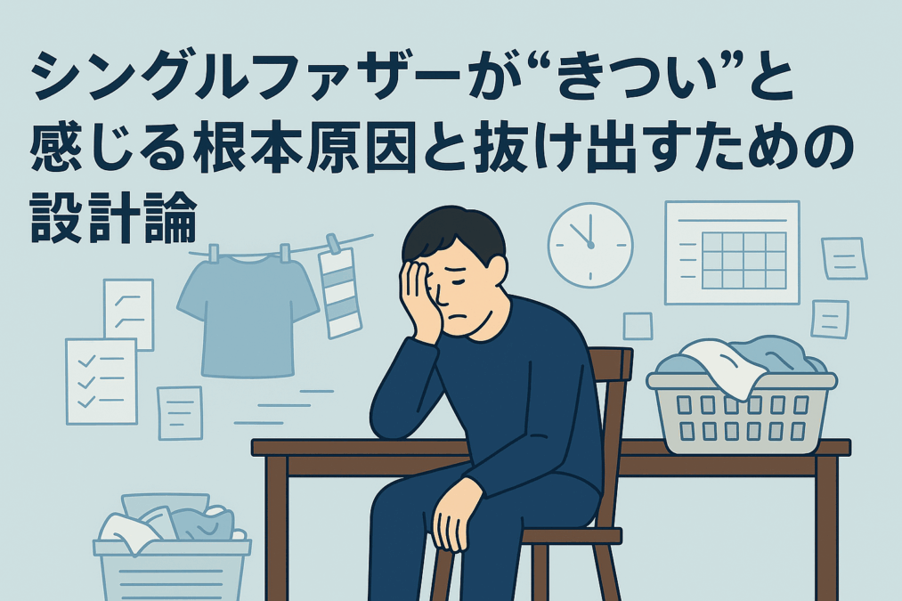 シングルファザーが自宅のダイニングで家事に追われ疲れた様子で座り込んでいるイラスト。背景には洗濯物や散らかったタスクが描かれ、時間に追われる日常の大変さを表現。タイトル「シングルファザーが“きつい”と感じる根本原因と抜け出すための設計論」が上部に配置されている。