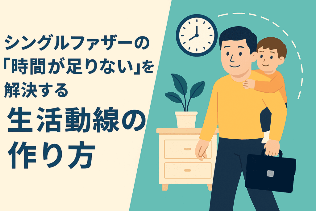 「シングルファザーの『時間が足りない』を解決する生活動線の作り方」というタイトルの日本語アイキャッチ画像。左側に濃紺の太文字でタイトルが書かれ、右側にはブリーフケースを持ち、子どもを背負って出勤するシングルファザーのイラスト。背景には時計や観葉植物、引き出しが描かれ、忙しい朝の様子を表している。